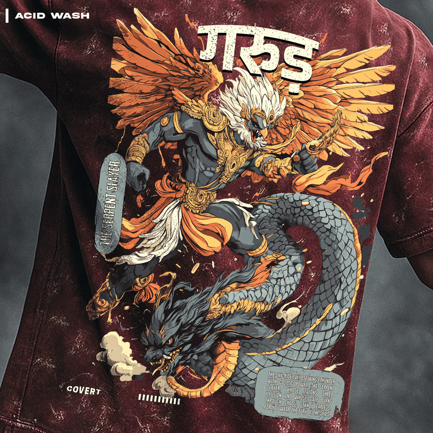 T-shirt with a Garuda and serpent design on a maroon background