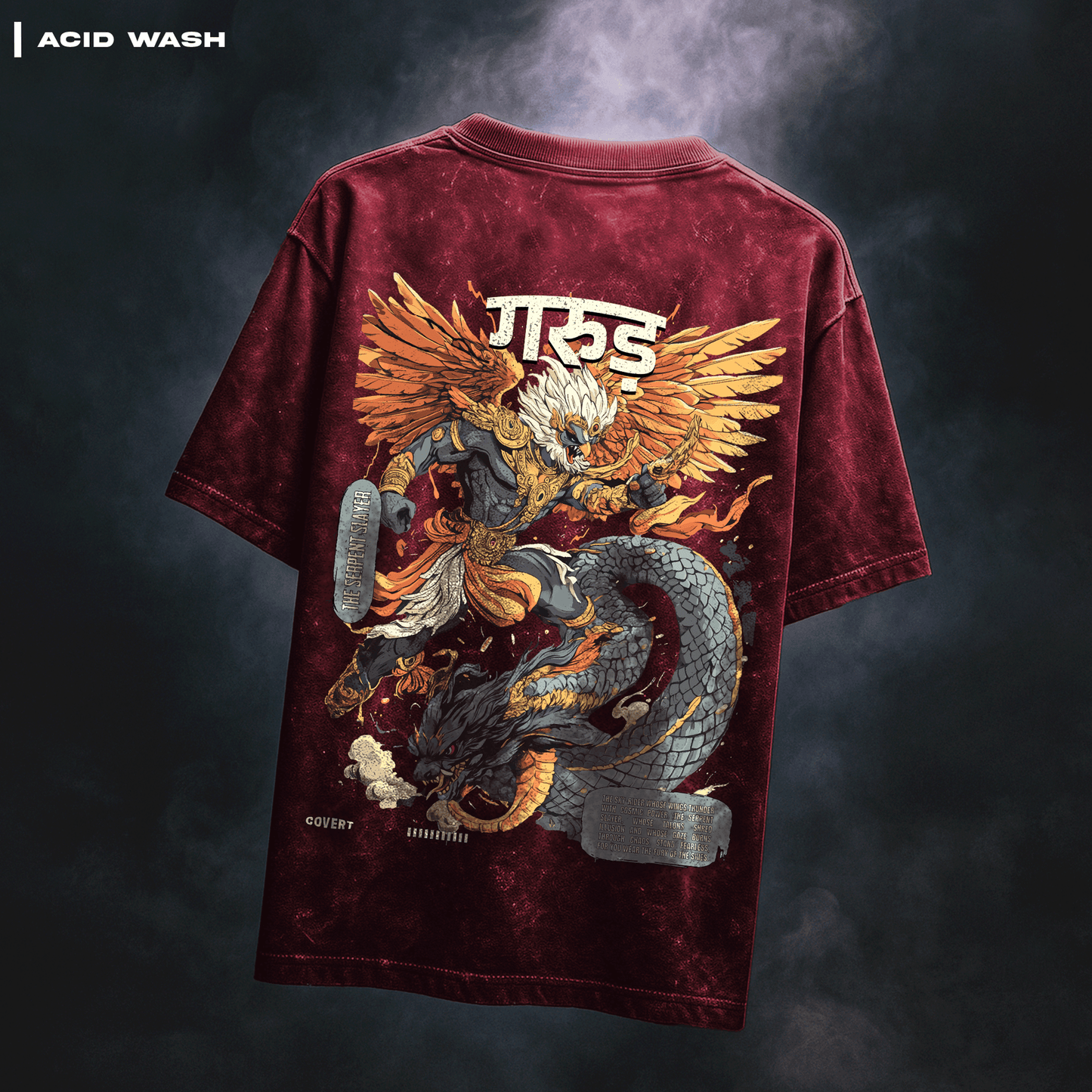 Man wearing Garuda: The Serpent Slayer T-shirt with a dragon and eagle design on the back against a dark background.