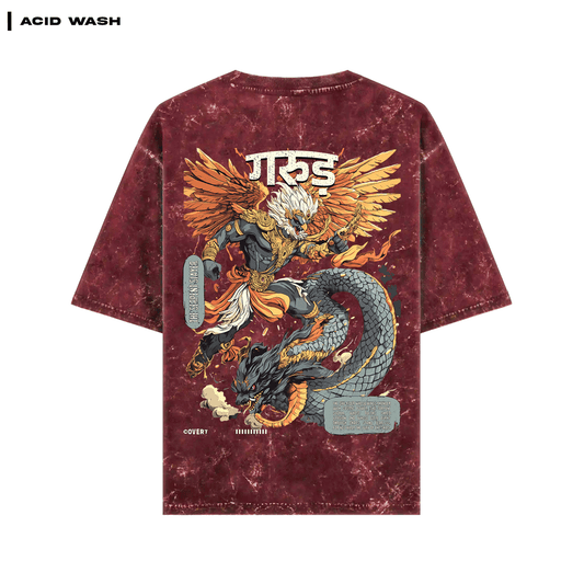 Maroon acid wash t-shirt with a dragon and eagle design on a white background
