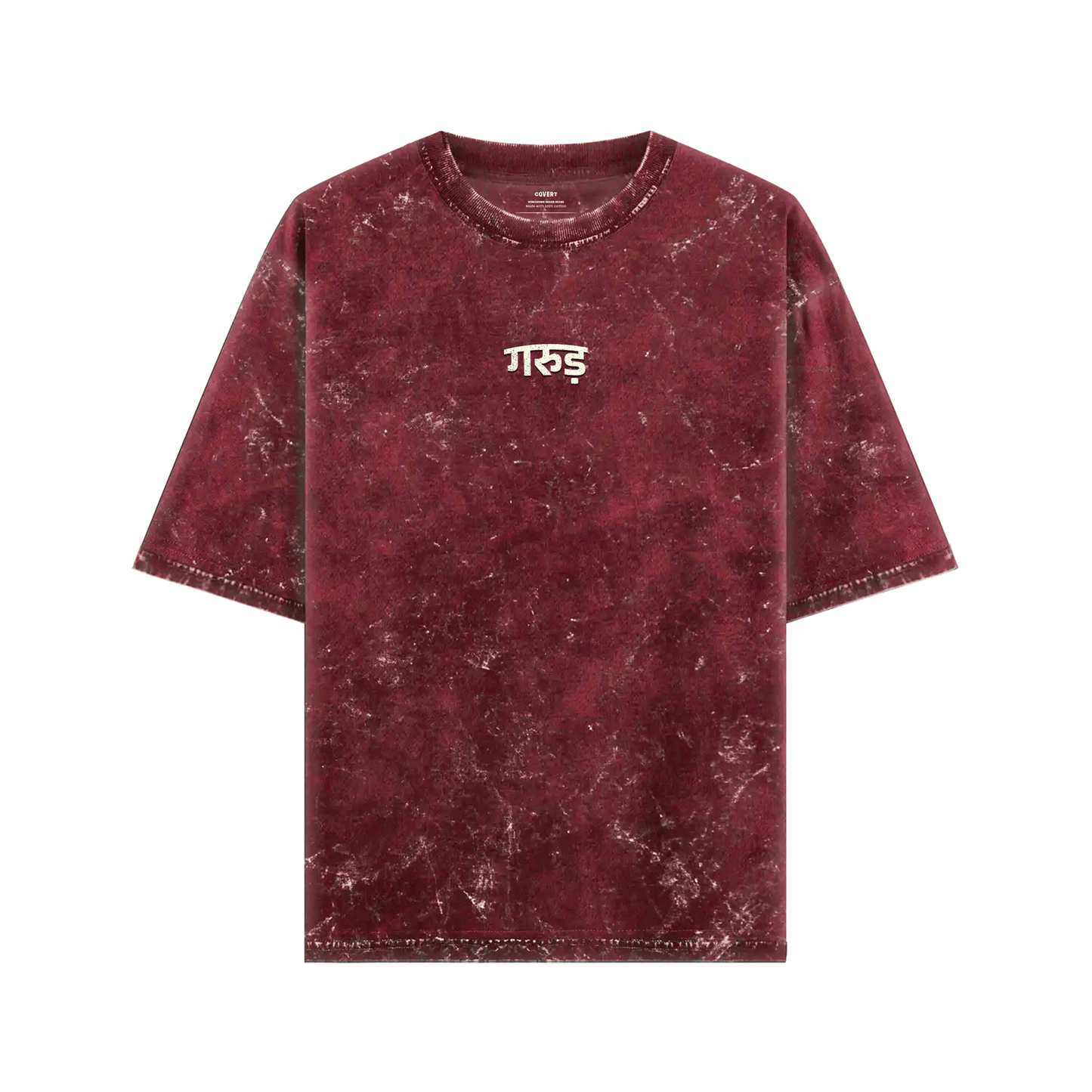 Maroon t-shirt with Garuda written on front, on a white background