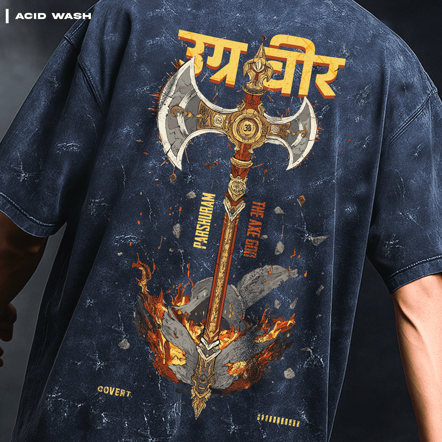 T-shirt with a graphic design of an axe and text on the back, featuring the brand 'Acid Wash'. Parashu: The Mighty Axe T-shirt Covert.