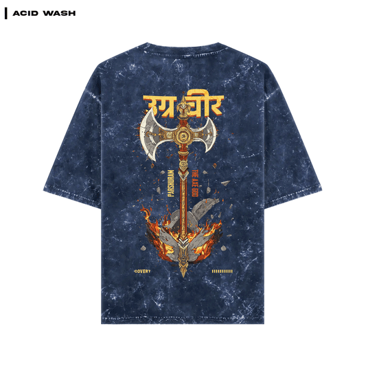 Blue acid-wash t-shirt with a graphic design on the back featuring an axe and flames. Parashu: The Mighty Axe T-shirt