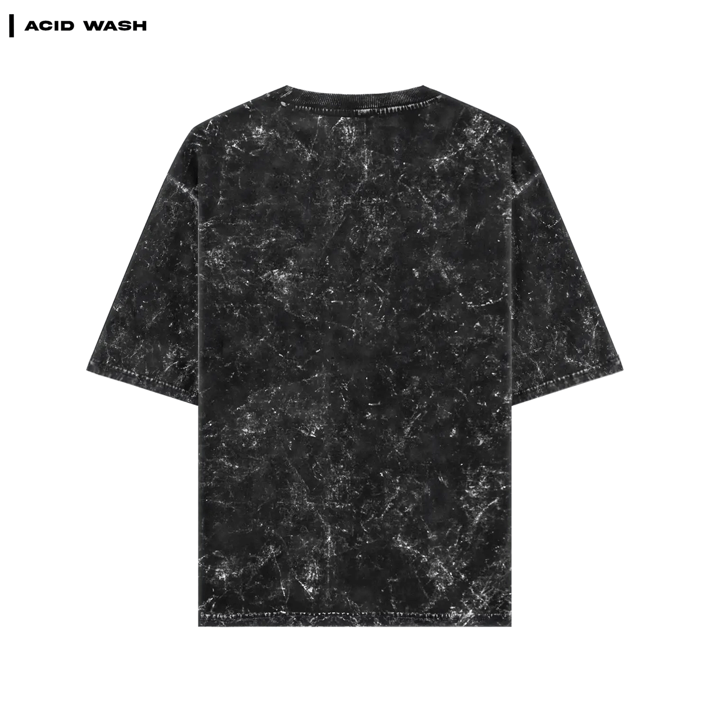 Black acid wash t-shirt on a white background with 'ACID WASH' text. Trinetra T-shirt Covert