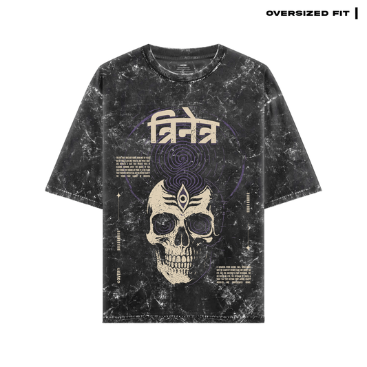 Black t-shirt with skull design and text on a white background Trinetra T-shirt Covert