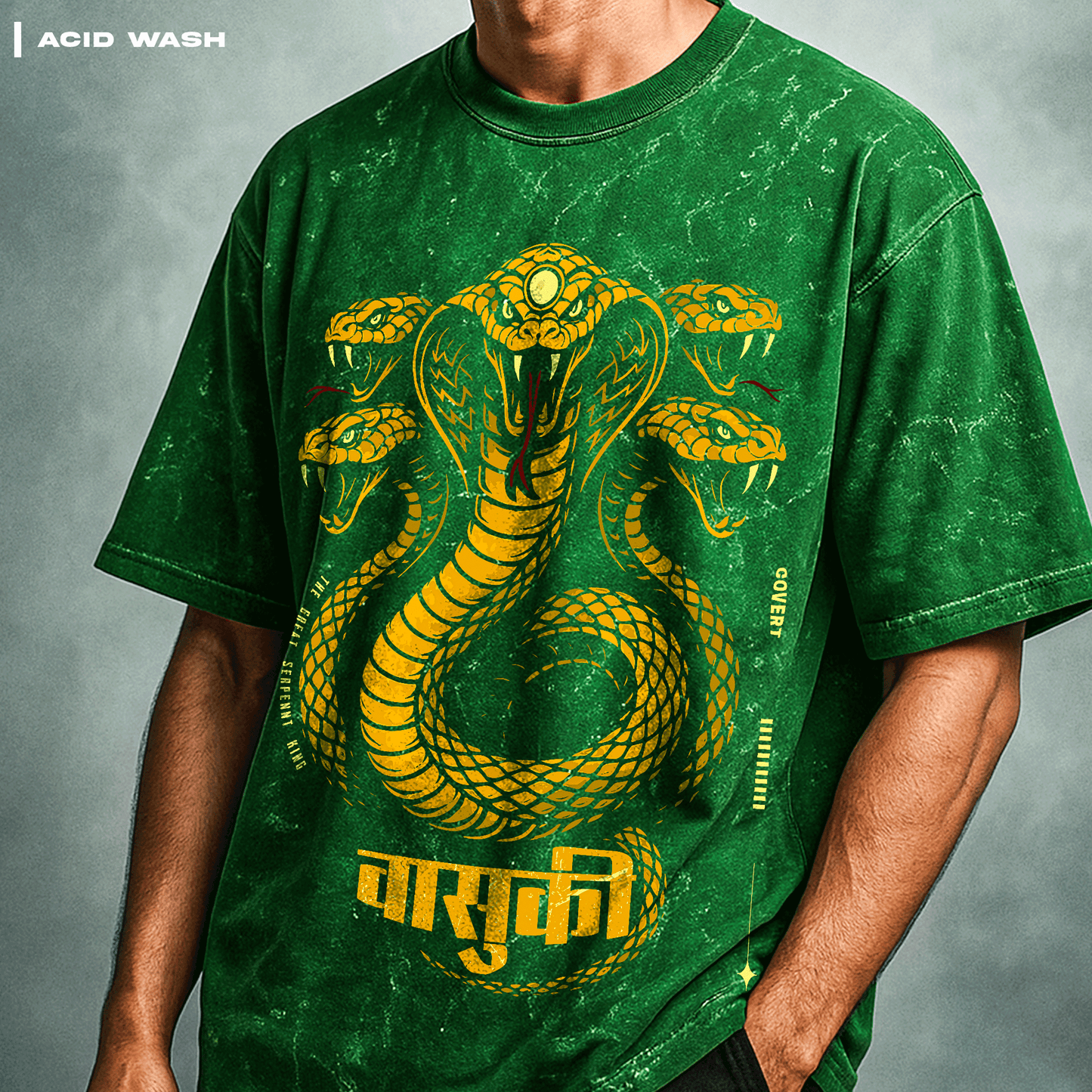 Green t-shirt with yellow snake design and text on a gray background, Vasuki: The Serpent King T-Shirt