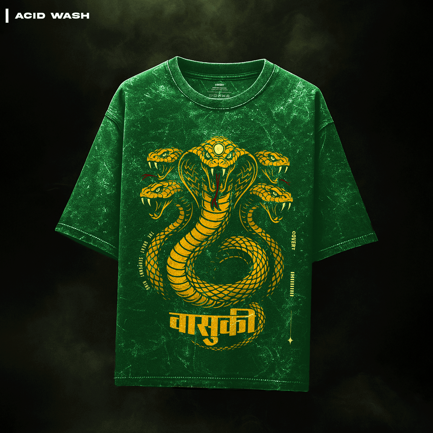Green t-shirt with yellow snake design and 'GARUDA' text on a dark . background Vasuki: The Serpent King T-Shirt