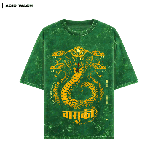 Green acid-wash t-shirt with yellow snake design and text on a white , Vasuki: The Serpent King T-Shirtbackground