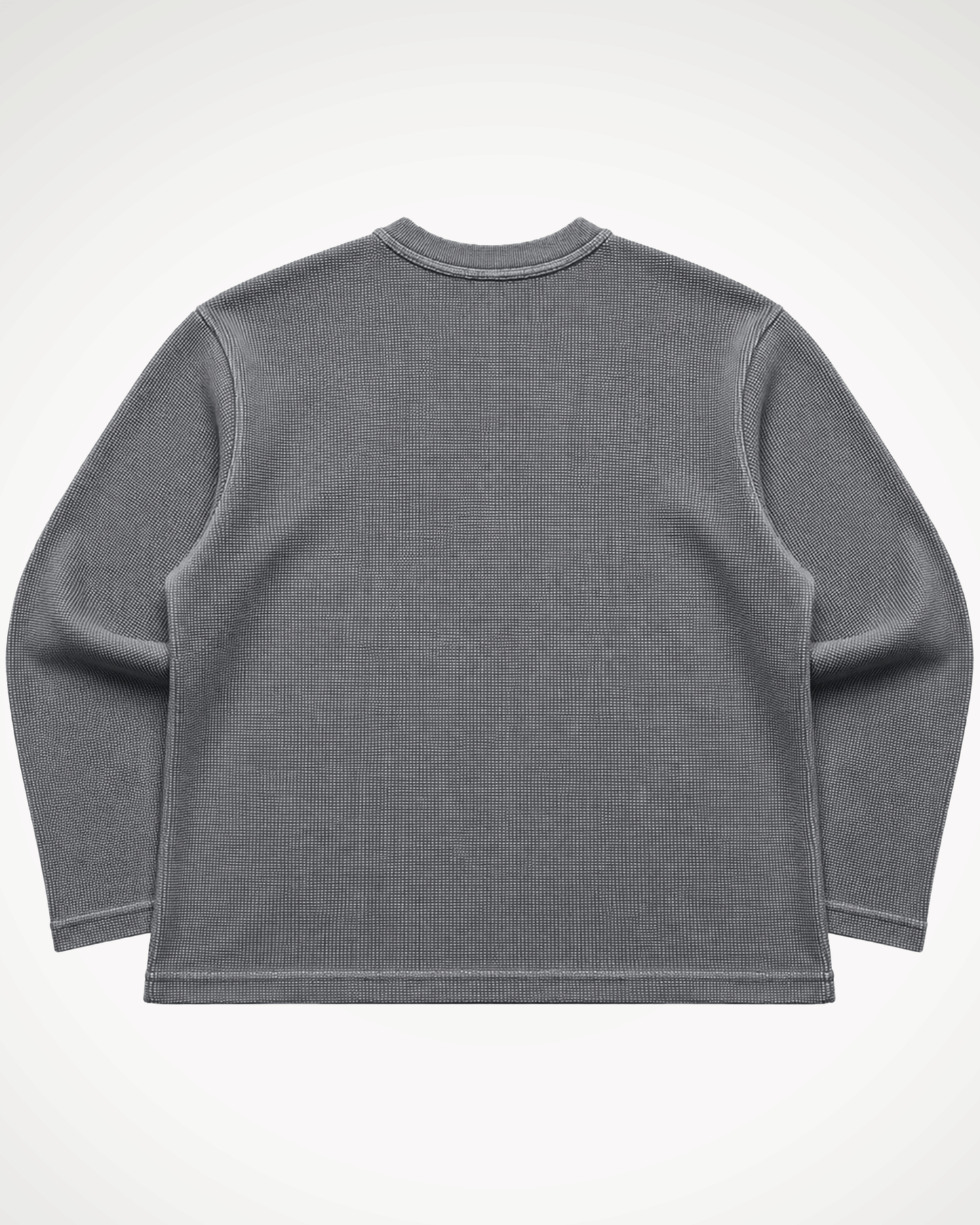 An Acid Wash Full Sleeve Waffle Knit T-shirt Covert shown from the back, laid flat against a light gray background.