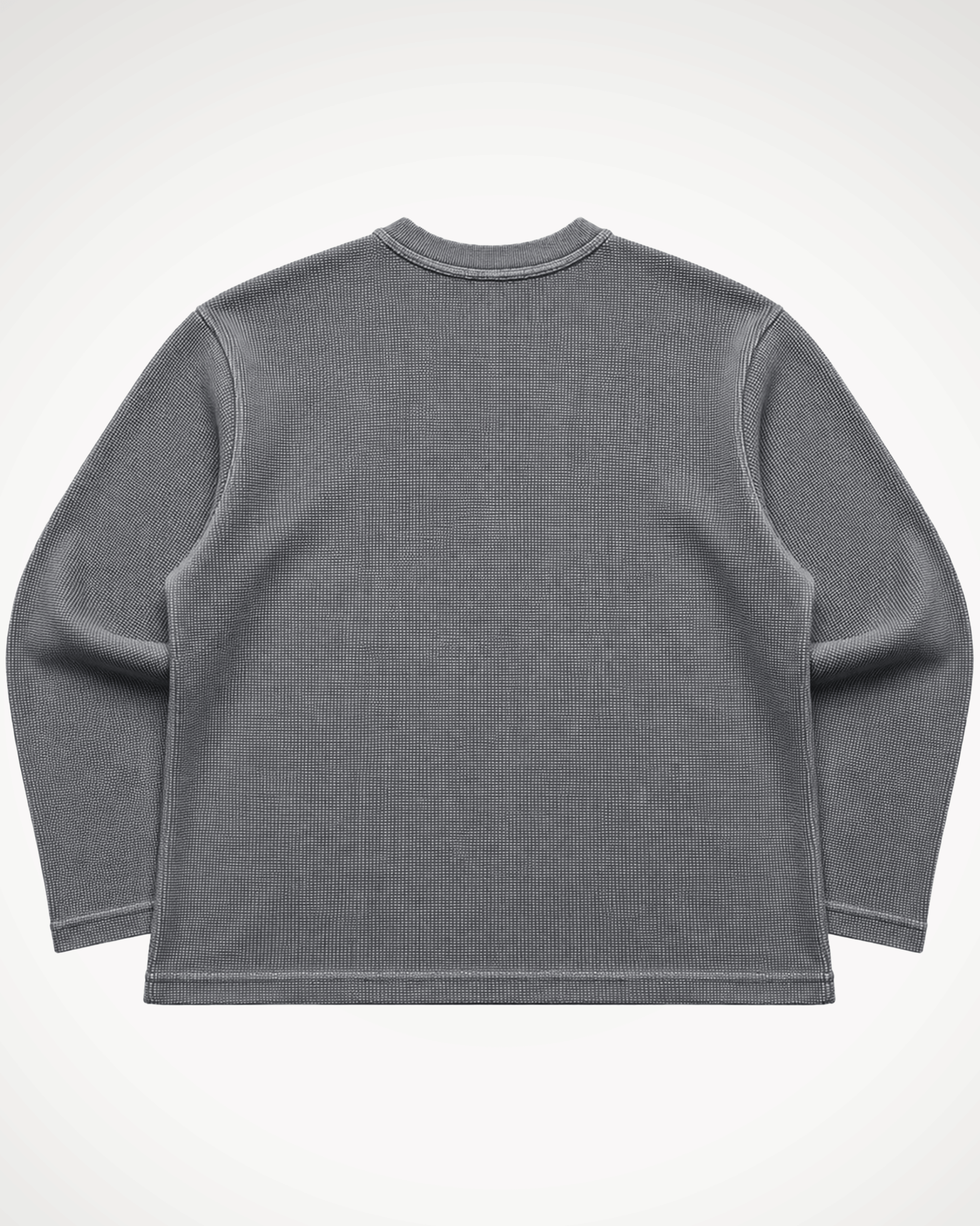 An Acid Wash Full Sleeve Waffle Knit T-shirt Covert shown from the back, laid flat against a light gray background.