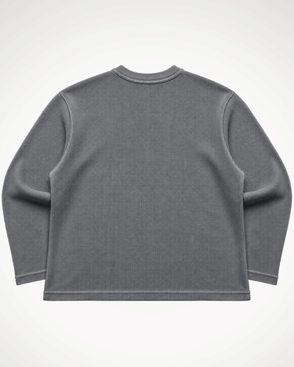 An Acid Wash Full Sleeve Waffle Knit T-shirt Covert shown from the back, laid flat against a light gray background.