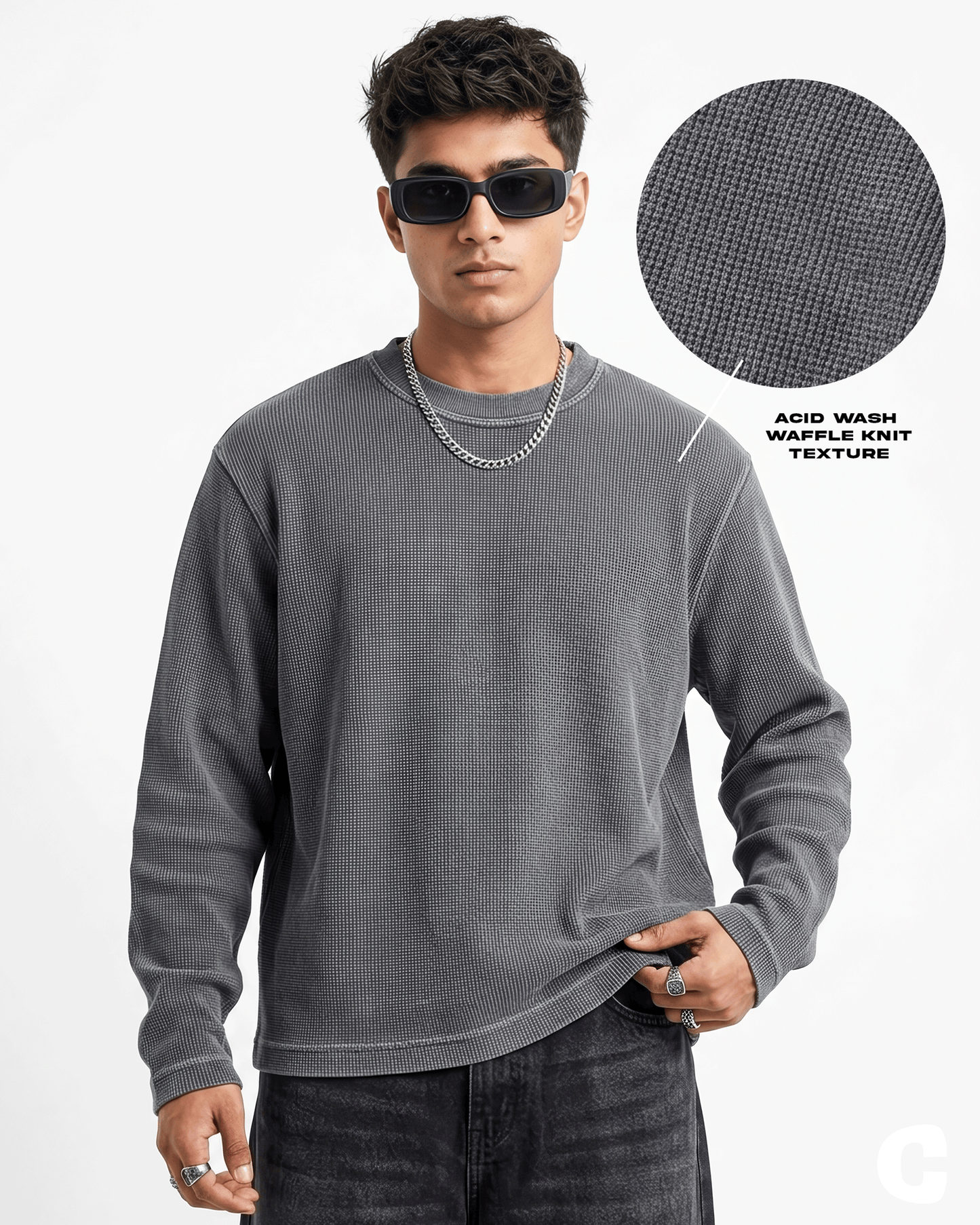 Acid Wash Full Sleeve Waffle Knit T-shirt Covert