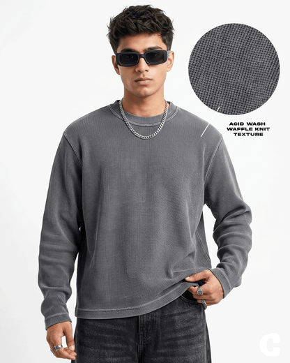 Acid Wash Full Sleeve Waffle Knit T-shirt Covert