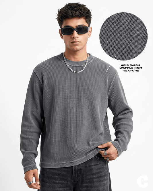 Acid Wash Full Sleeve Waffle Knit T-shirt Covert