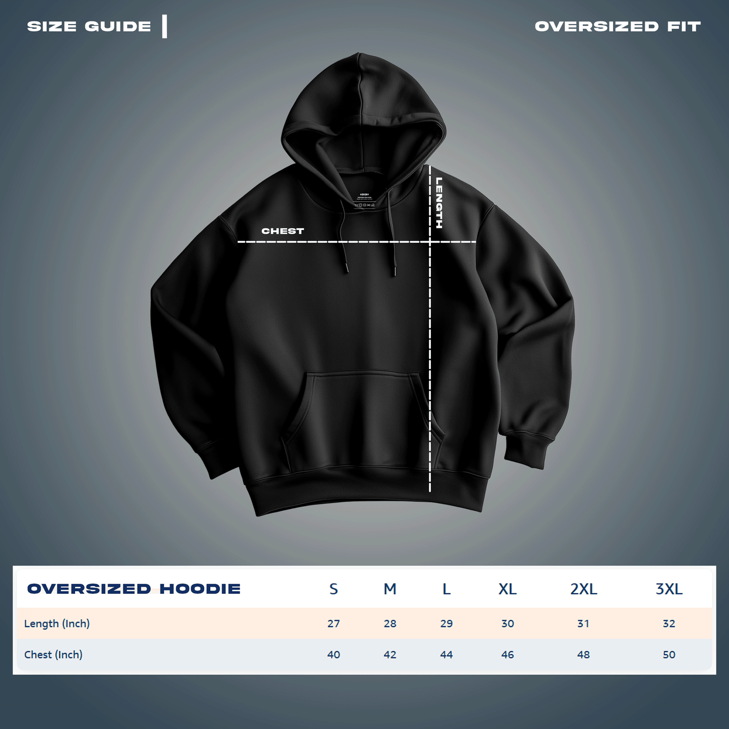 Oversized Hoodie size chart Covert