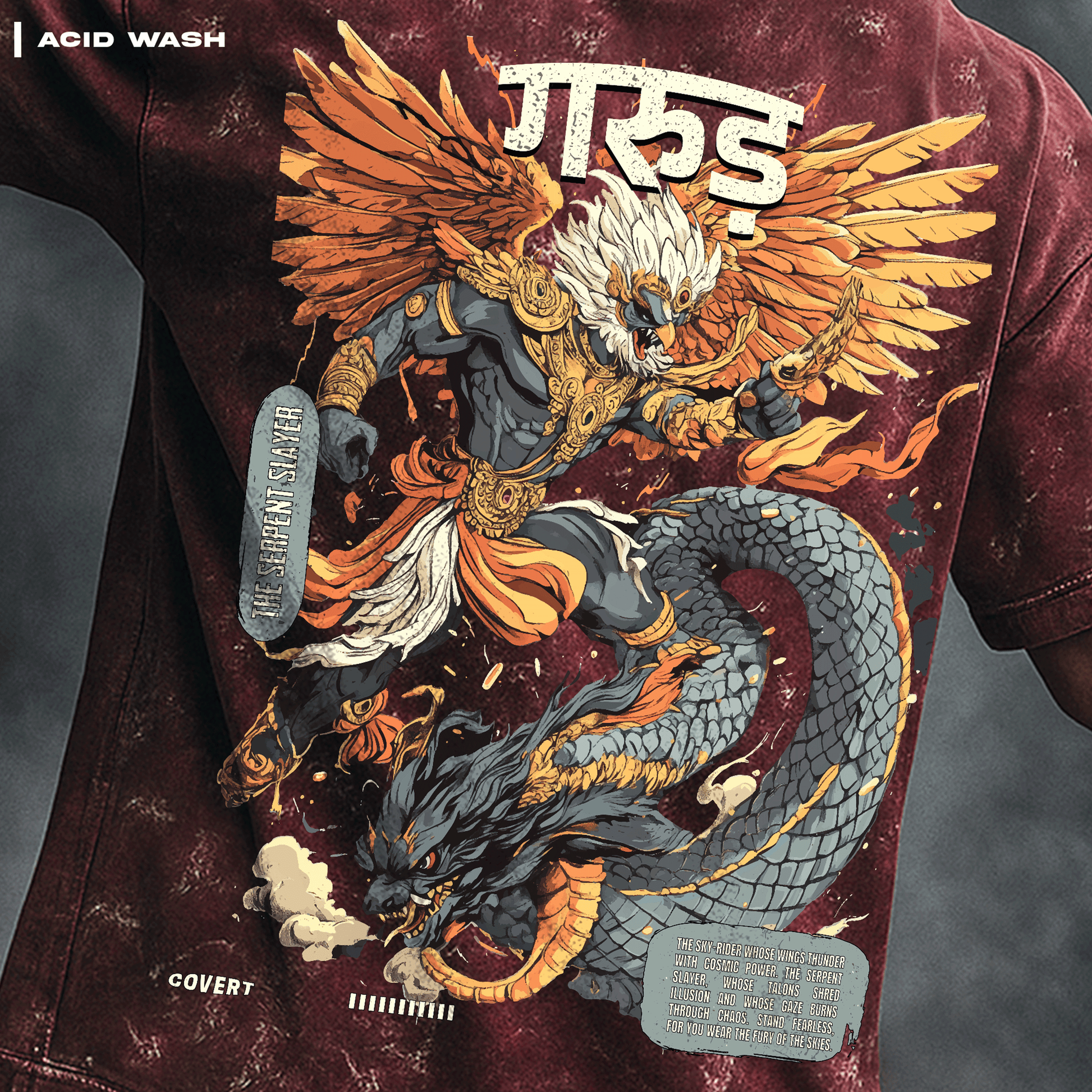 T-shirt with a Garuda and serpent design on a maroon background