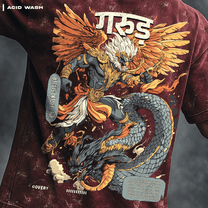 T-shirt with a Garuda and serpent design on a maroon background