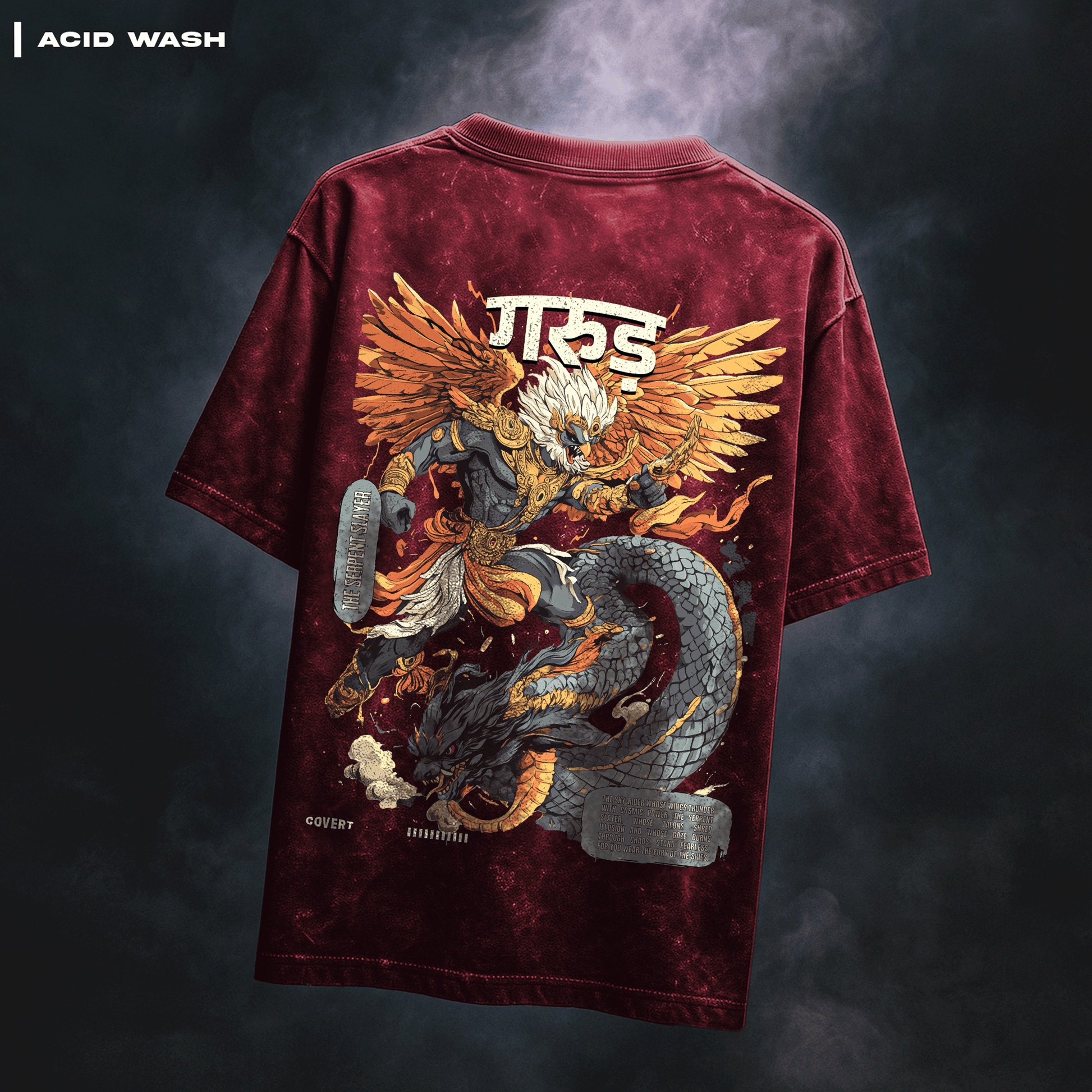 Man wearing Garuda: The Serpent Slayer T-shirt with a dragon and eagle design on the back against a dark background.