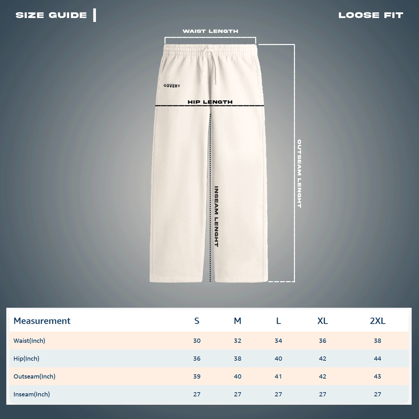 Korean Sweatpants Covert size chart