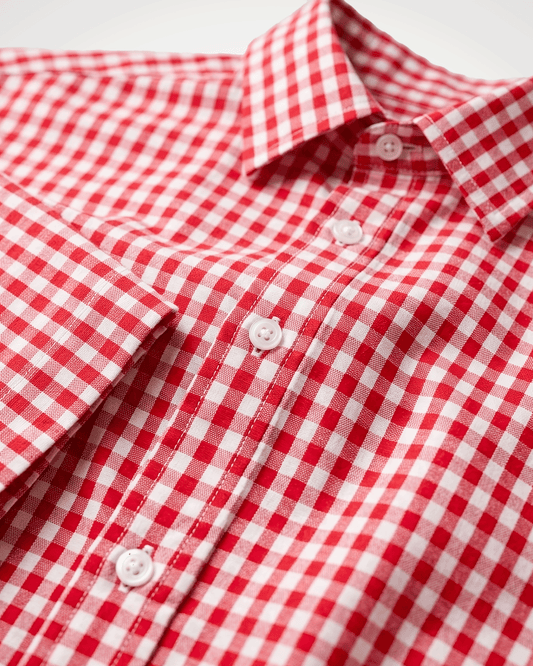 A close-up of a Red Madras Check Shirt boxy fit shirt by Covert, showing the collar, buttons, and folded cuff.