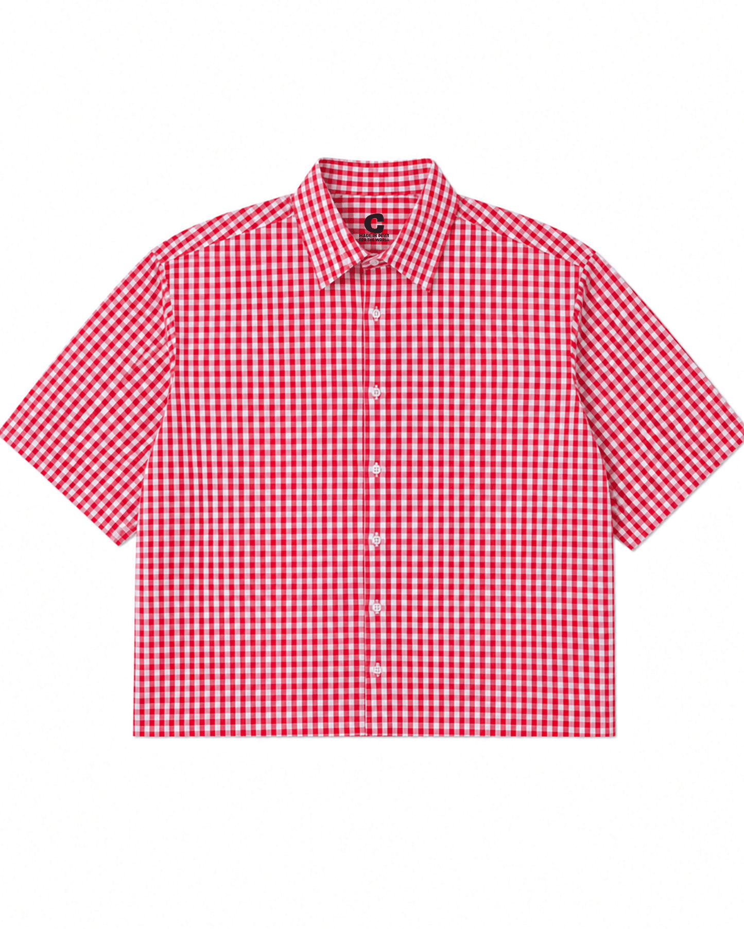 A short-sleeve Red Madras Check Shirt boxy fit shirt by Covert, displayed flat against a solid white background.