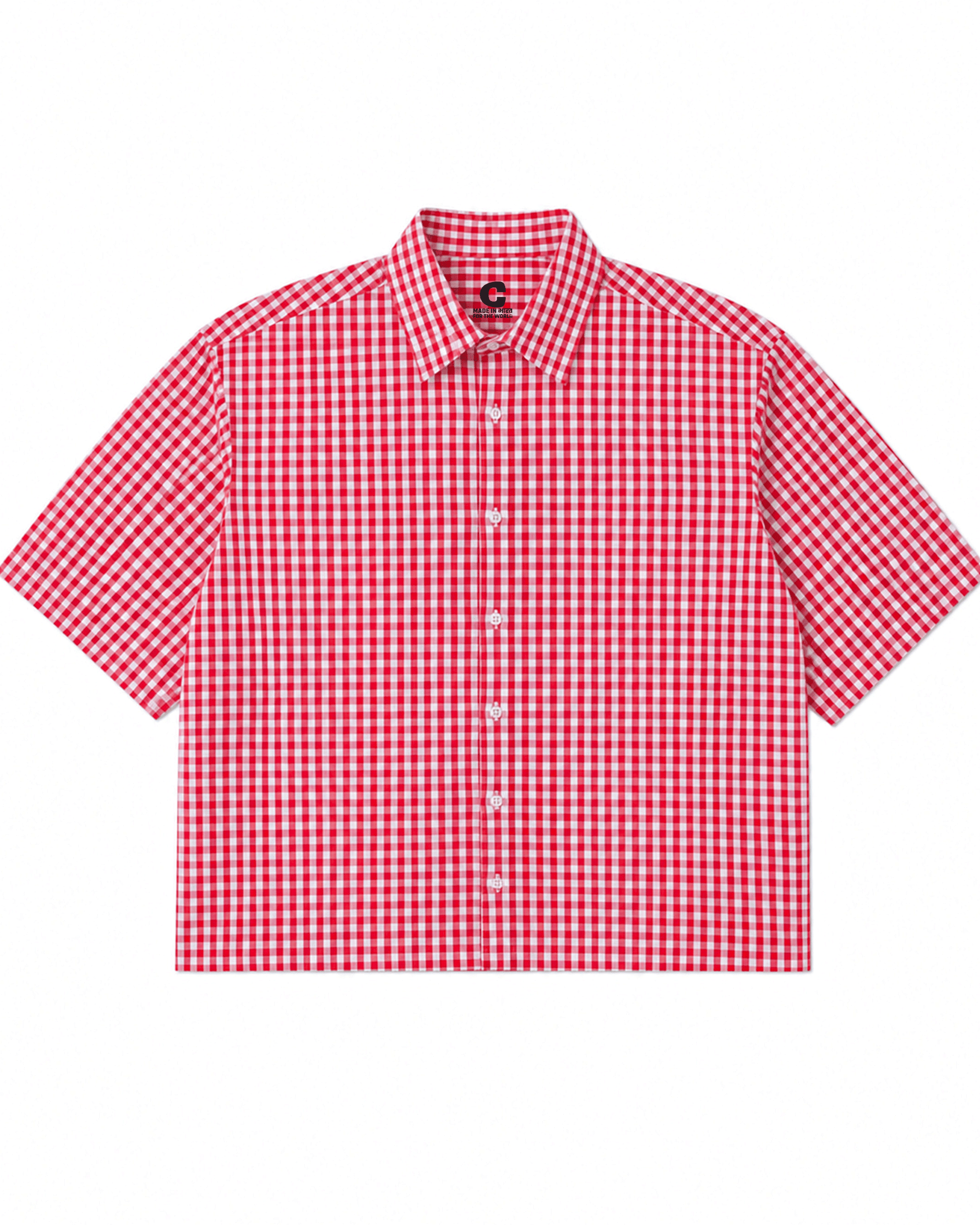 A short-sleeve Red Madras Check Shirt boxy fit shirt by Covert, displayed flat against a solid white background.