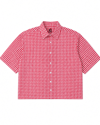 A short-sleeve Red Madras Check Shirt boxy fit shirt by Covert, displayed flat against a solid white background.