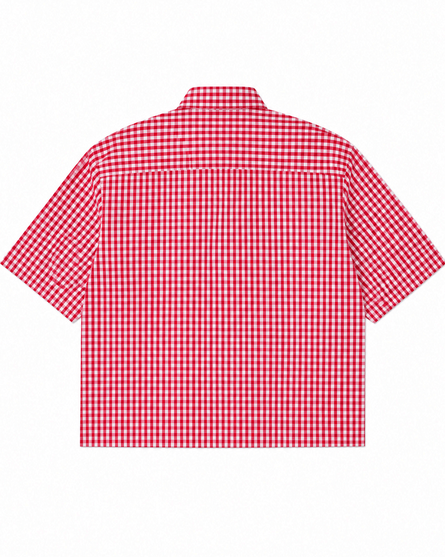 A Red Madras Check Shirt boxy fit shirt by Covert shown from the back, laid flat against a solid white background.