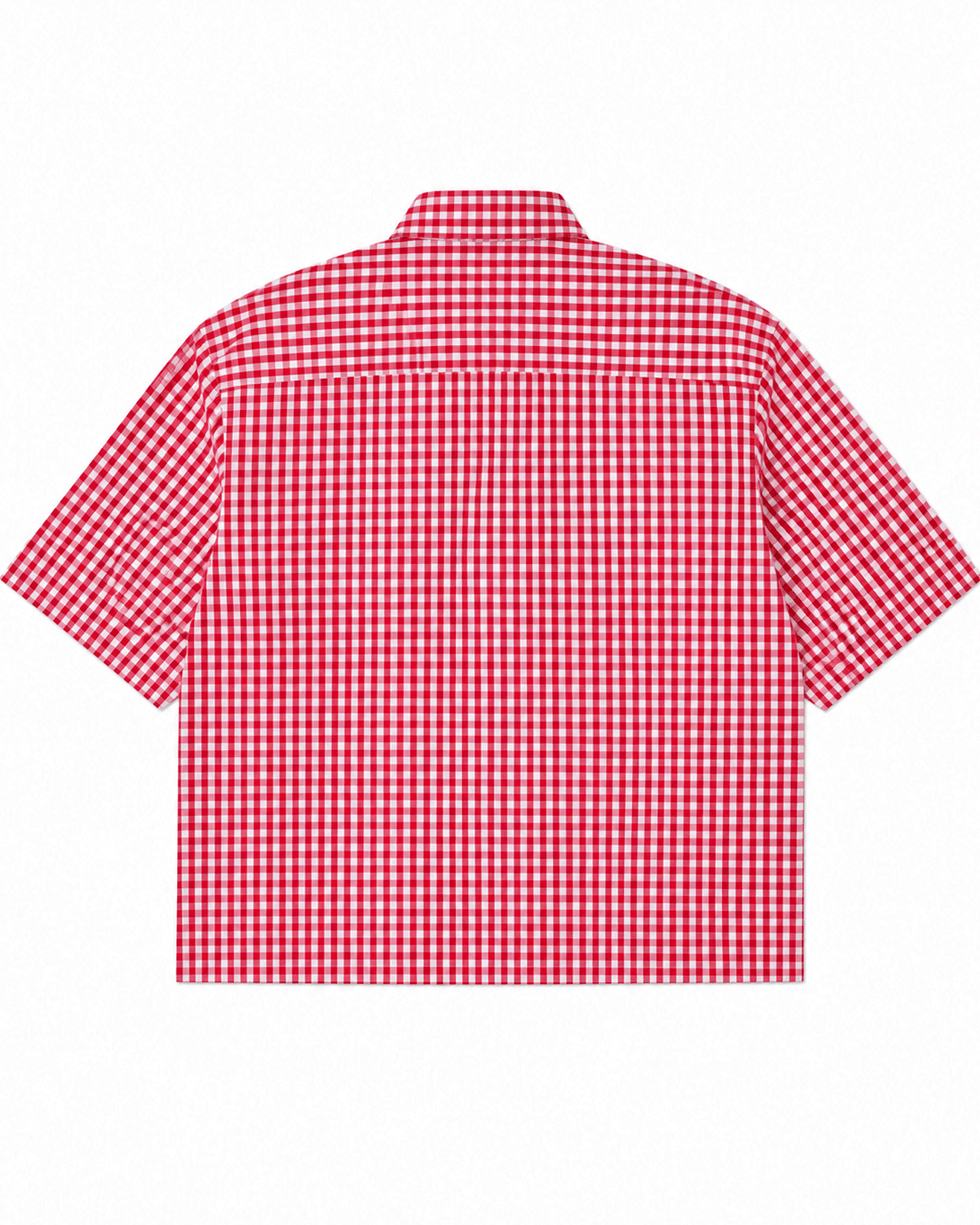A Red Madras Check Shirt boxy fit shirt by Covert shown from the back, laid flat against a solid white background.