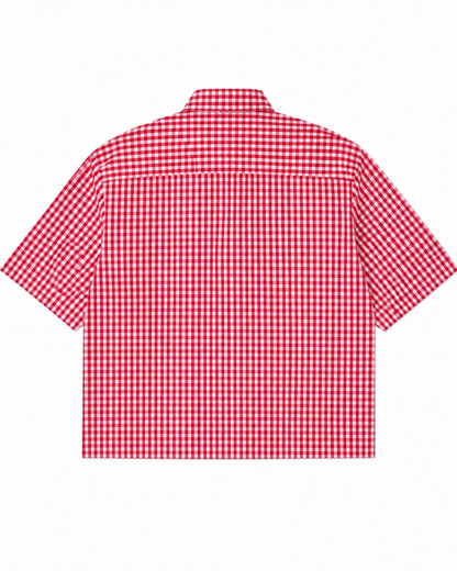 A Red Madras Check Shirt boxy fit shirt by Covert shown from the back, laid flat against a solid white background.