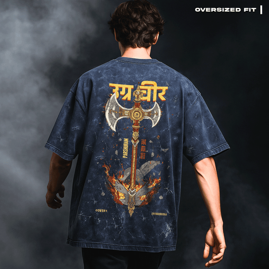 Person wearing an oversized t-shirt with a detailed design on the back against a dark background. Parashu: The Mighty Axe T-shirt