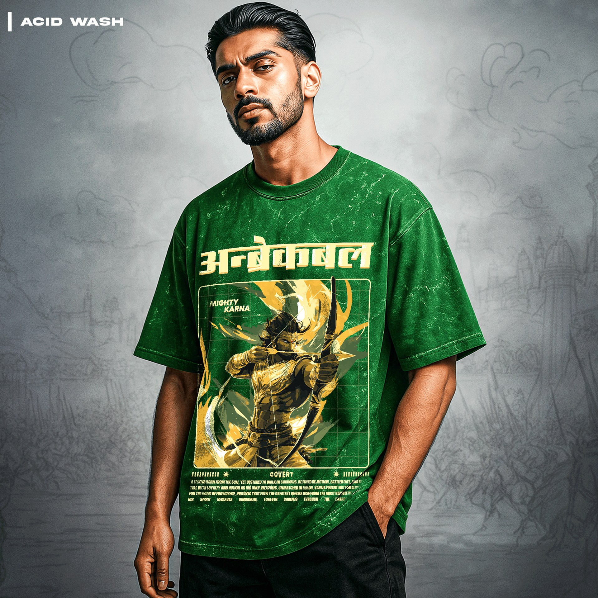 Karna: The Unbroken Warrior Oversized T-shirt (Acid Wash) – Covert Karna: The Unbroken Warrior Oversized T-shirt (Acid Wash) – Covert