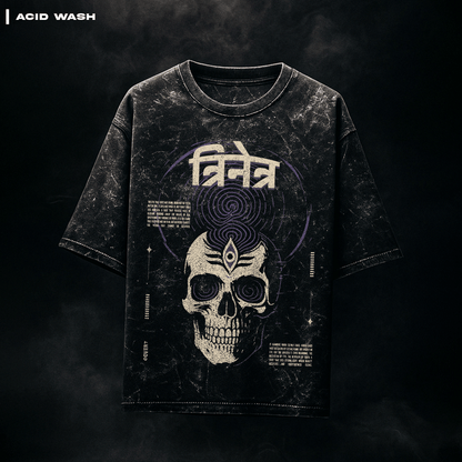 T-shirt with skull design and text on a dark background. Trinetra T-shirt Covert