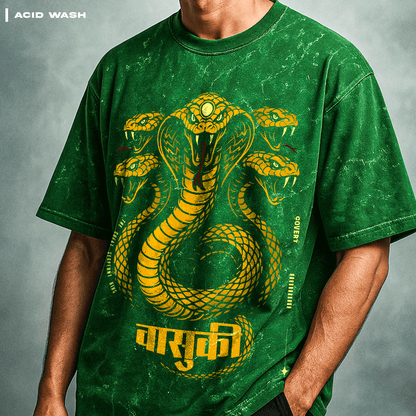 Green t-shirt with yellow snake design and text on a gray background, Vasuki: The Serpent King T-Shirt