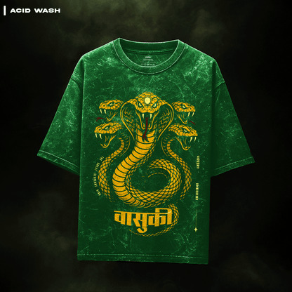 Green t-shirt with yellow snake design and 'GARUDA' text on a dark . background Vasuki: The Serpent King T-Shirt