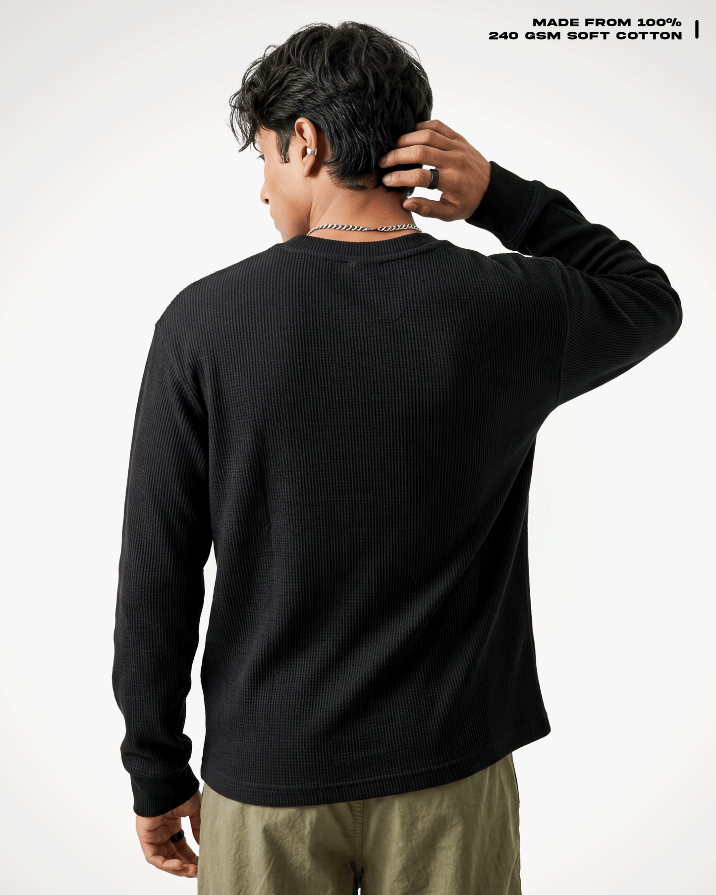 A man shown from the back wearing a Waffle Knit Henley Full Sleeve T-shirt and khaki pants against a clean white studio background. Text in the top right reads 'MADE FROM 100% 240 GSM SOFT COTTON'.