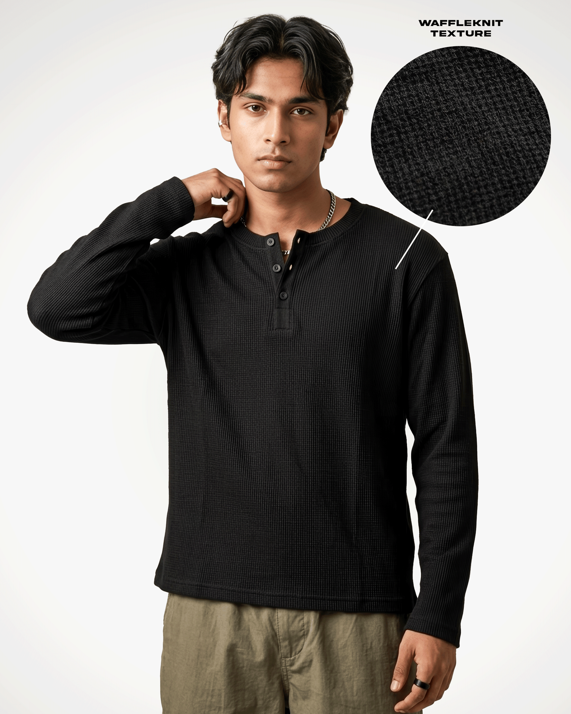 A man wearing a Waffle Knit Henley Full Sleeve T-shirt with a waffle knit texture, shown against a plain white background with a circular inset highlighting the fabric texture.
