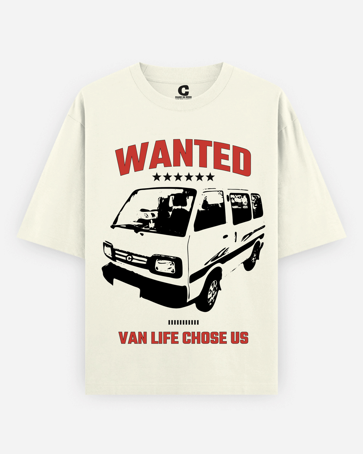 An off-white The Wanted Van T-shirt by Covert with a graphic print featuring a black and white van and red text reading 'WANTED' and 'VAN LIFE CHOSE US' on a light gray background.