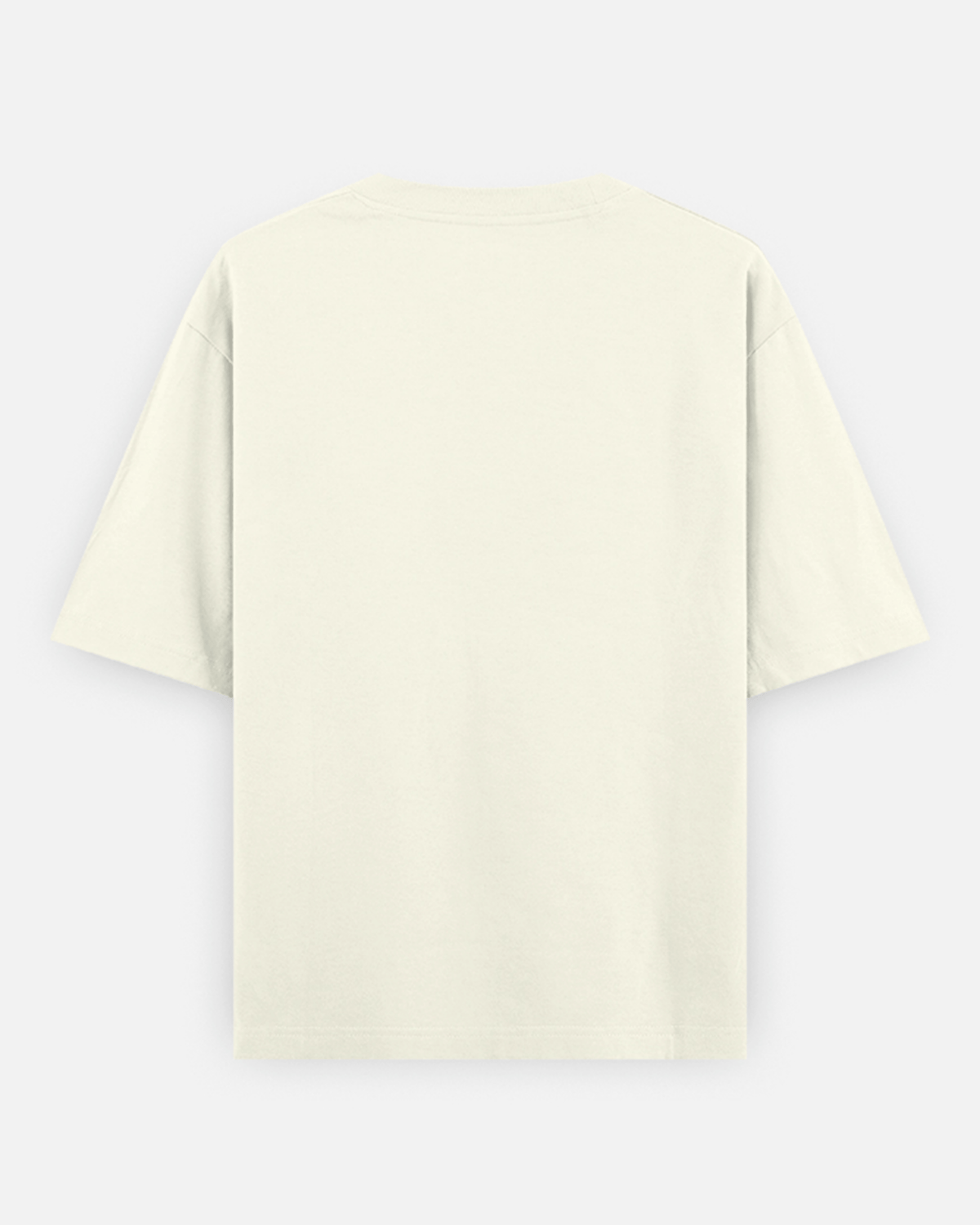A plain cream-colored short-sleeve t-shirt shown from the back, laid flat against a light gray background.